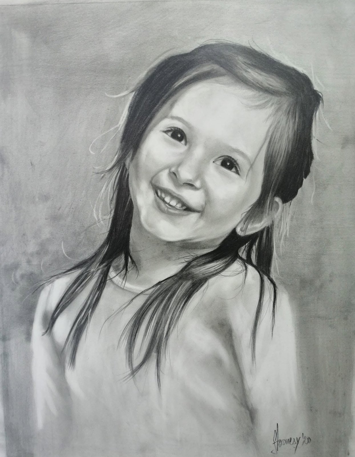 Graphite and charcoal portrait of a smiling young girl