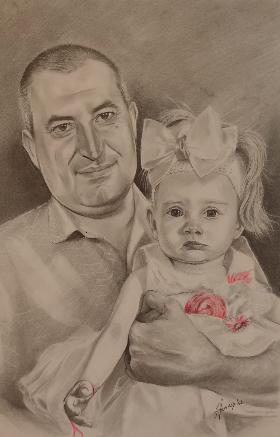 Pencil portrait of a grandfather holding his granddaughter