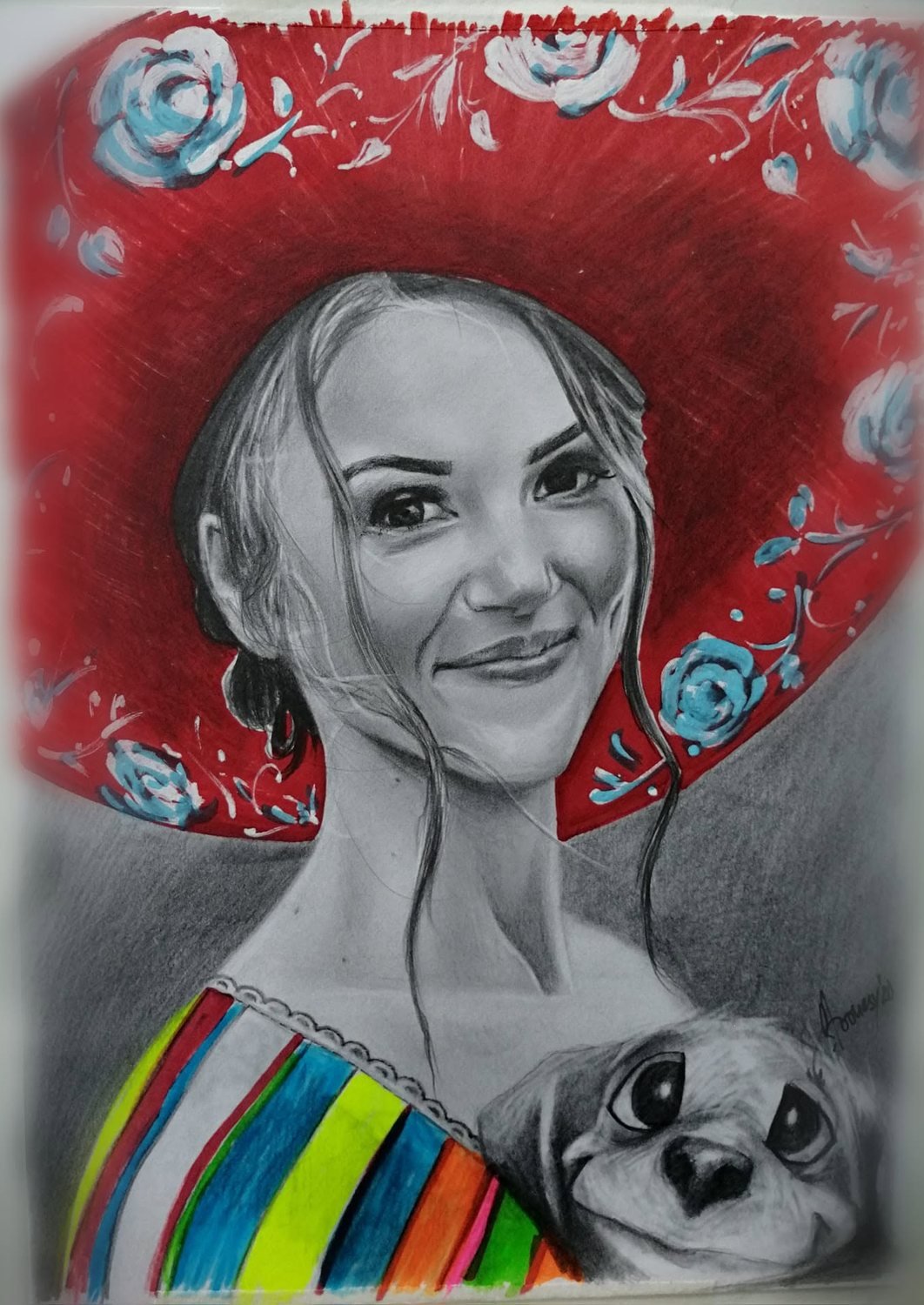 Mixed media portrait of a woman in a red floral hat holding a small dog